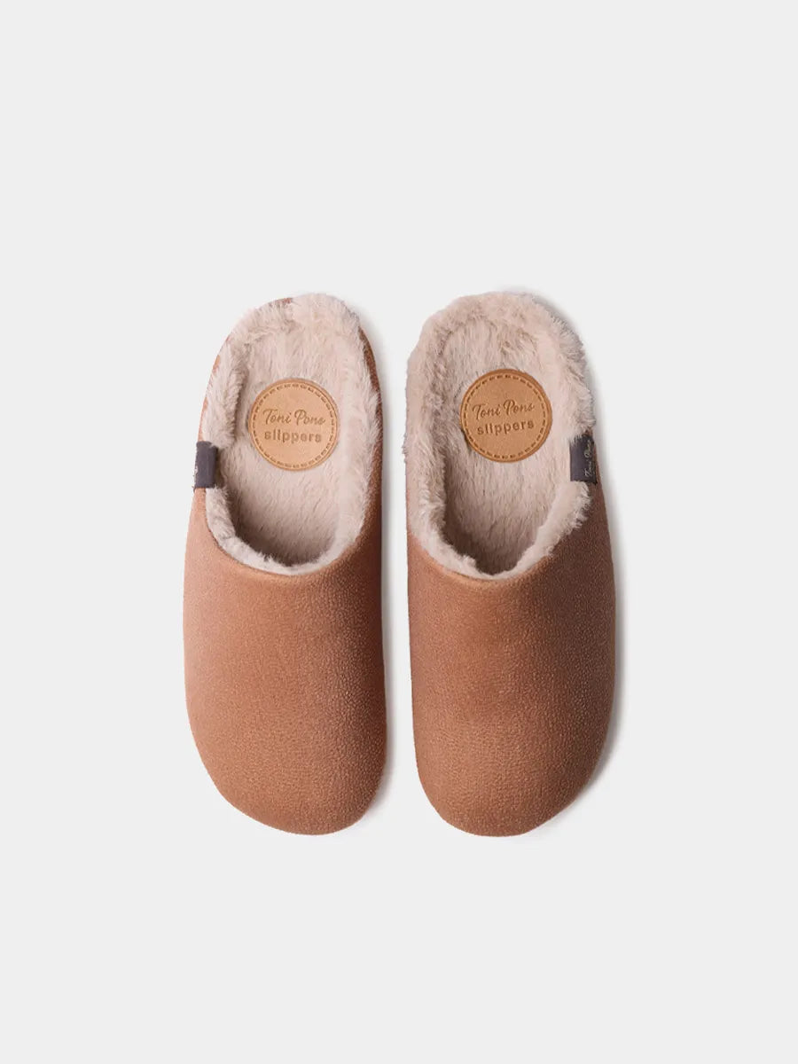 Moscu-bd camel | Zapatilla de casa tipo zueco con forro interior para mujer
